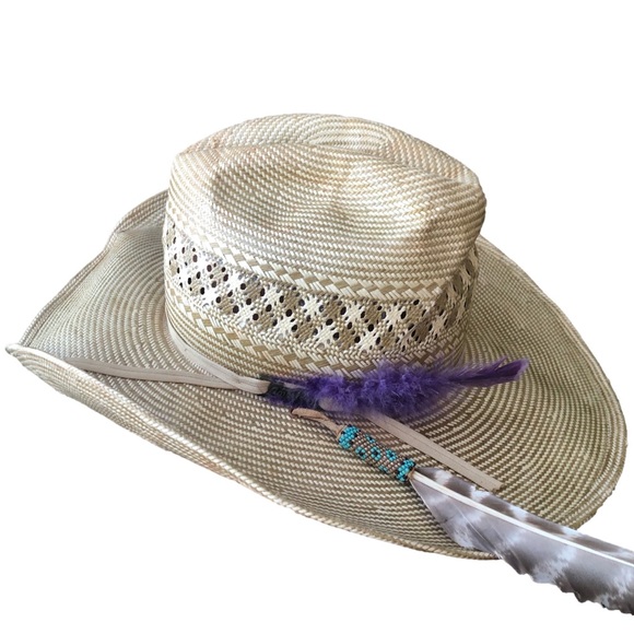 Shorty’s Accessories - Cowboy hat western tan straw Para Panama Shorty’s distressed feather purple boho